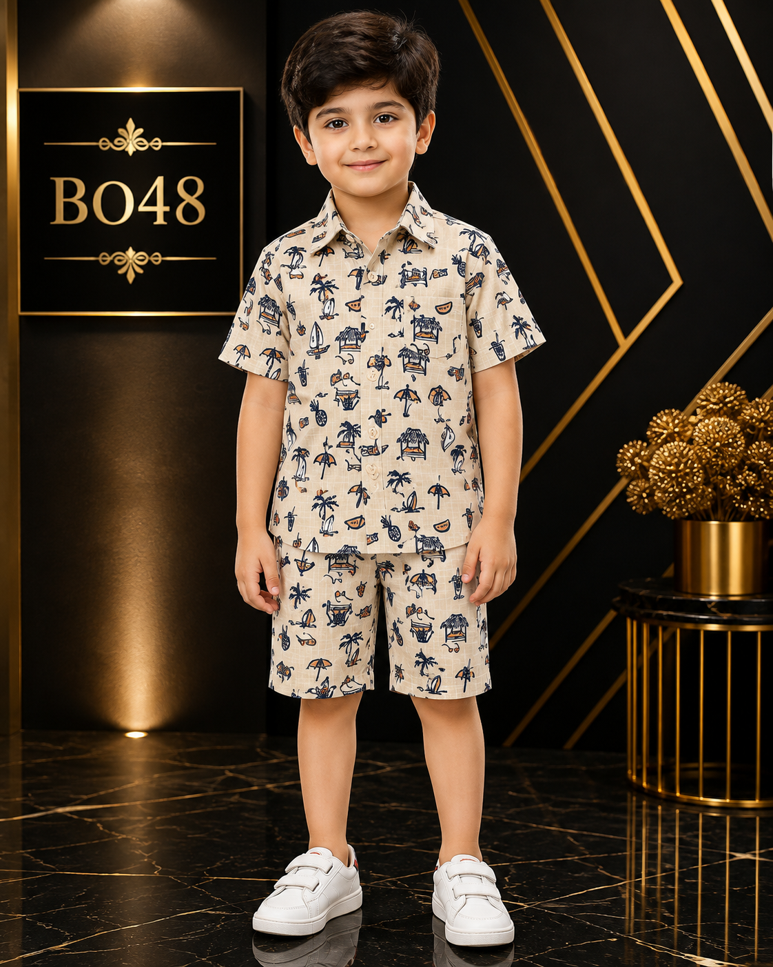 Boys’ Beige Vacation Print Shirt & Shorts Set-BO48