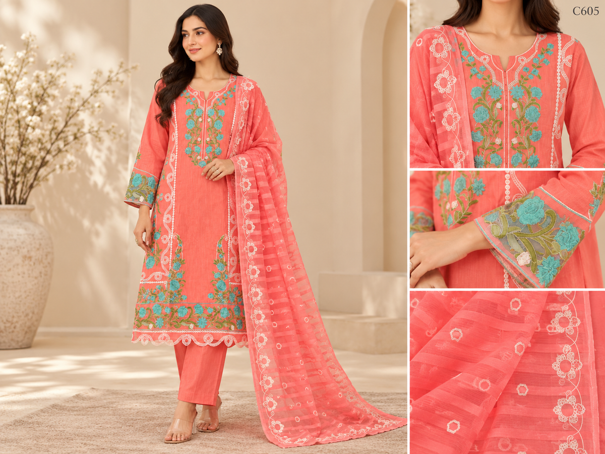 Premium Women’s Floral Embroidered Stitched Three Piece Set - C605