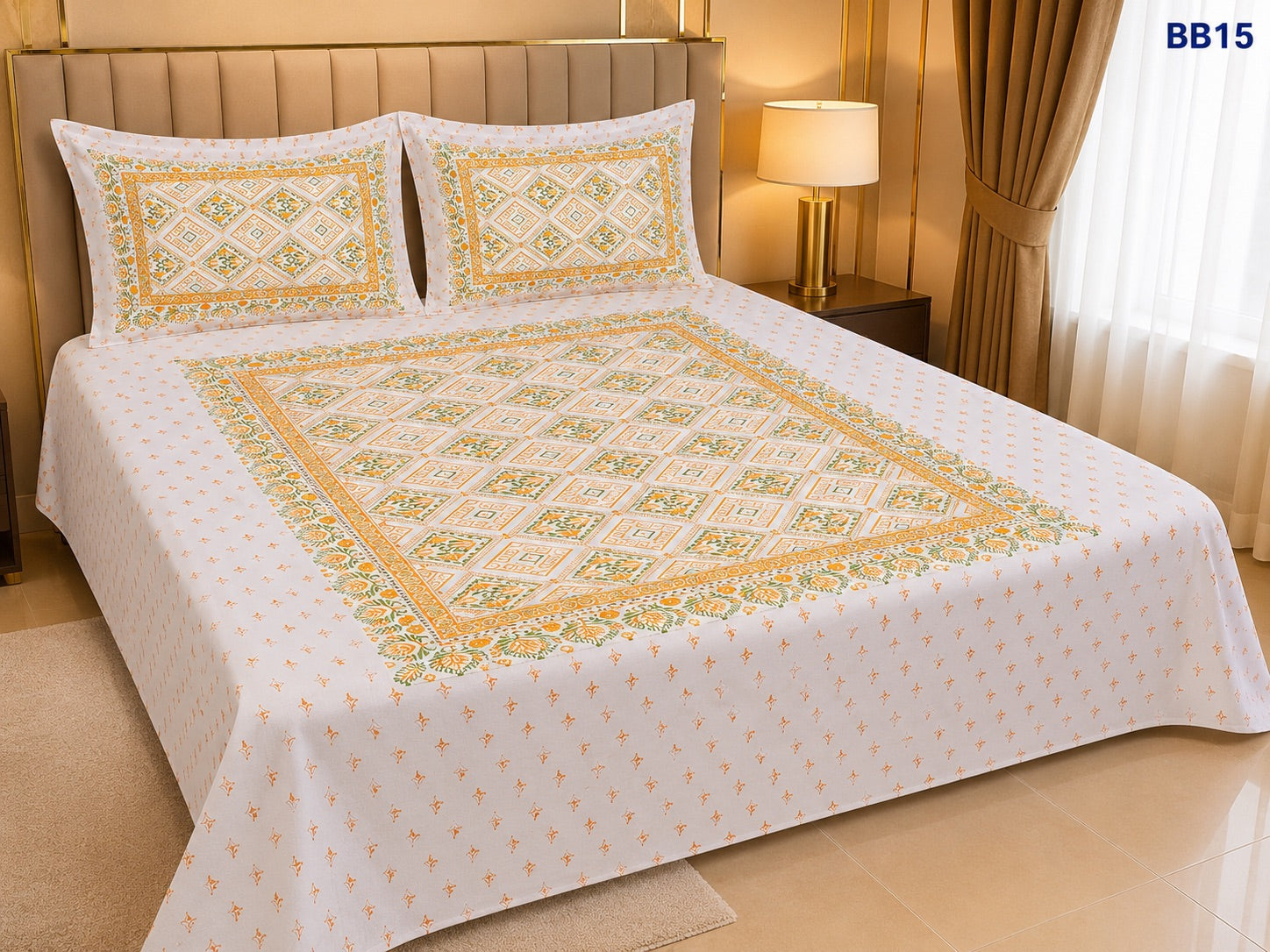 Luxury Mustard Green Geometric Block Bedsheet-BB15