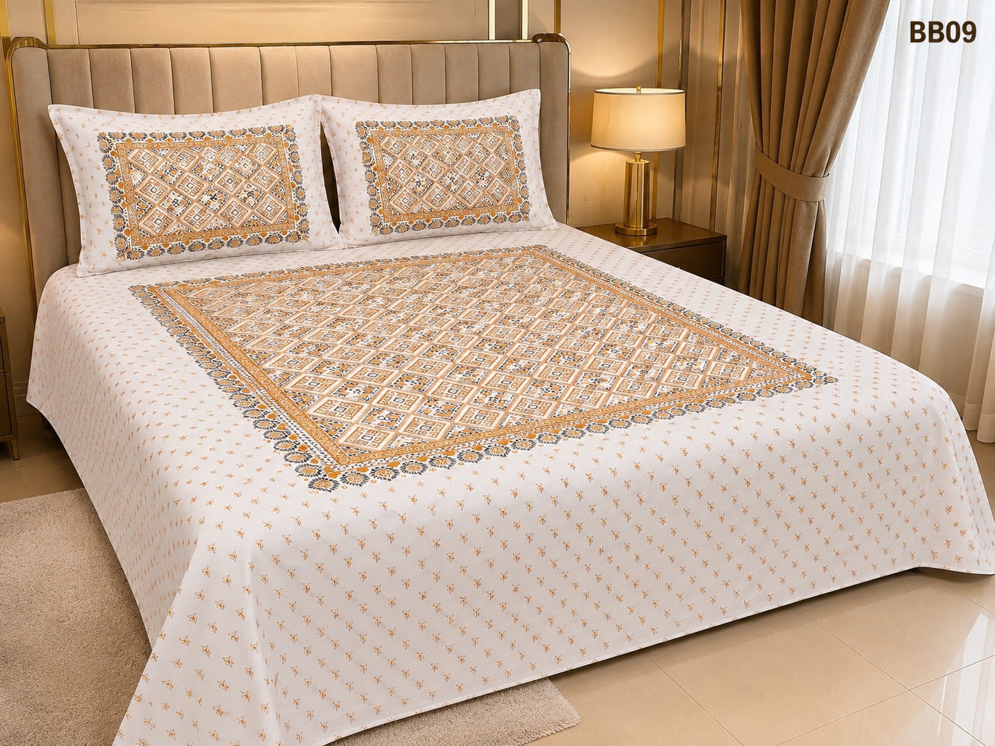 Luxury Mustard Geometric Block Bedsheet-BB09