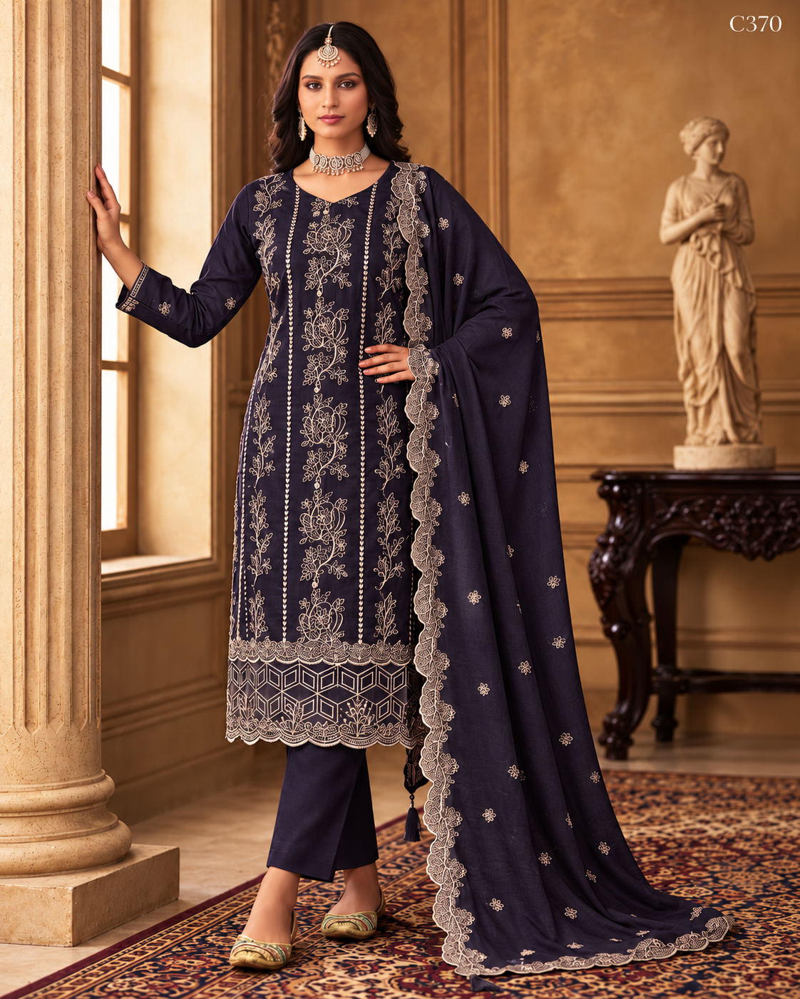 Premium Floral Embroidered Three Piece Set with Scalloped Dupatta – C370