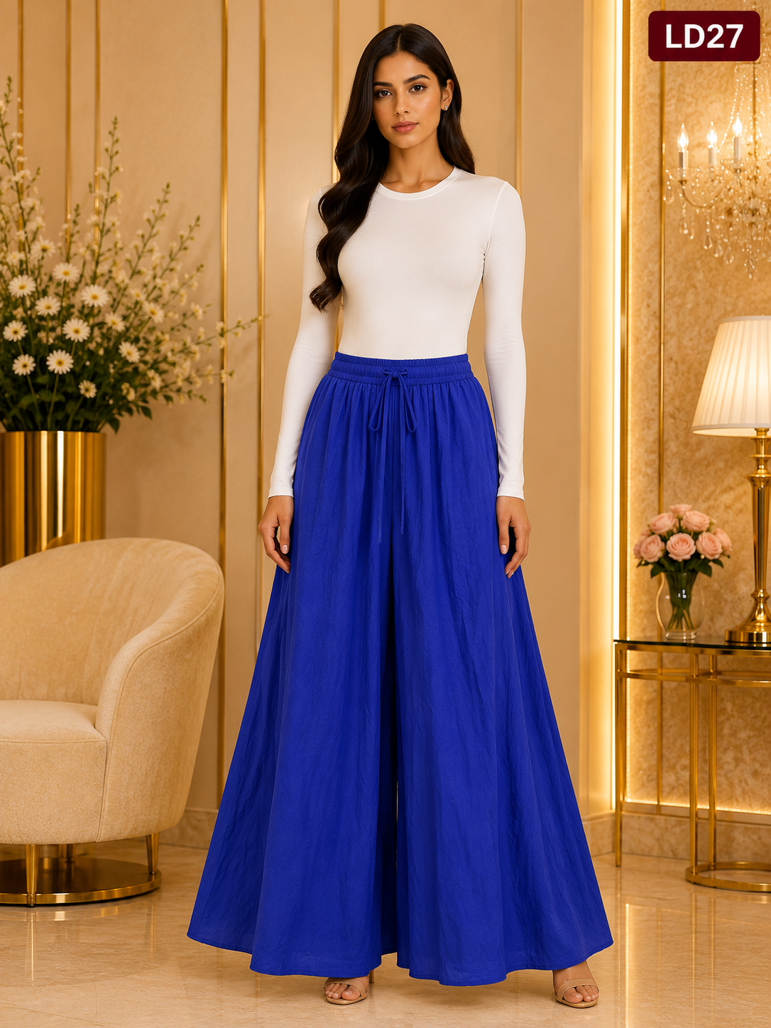 Elegant Royal Blue Drawstring Wide-Leg Skirt Palazzo Pants-LD27
