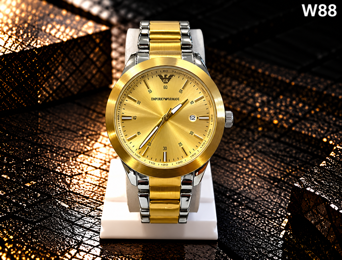 Men's Premium Gold Sunray Dial Two-Tone Metal Strap Analog Watch – W88