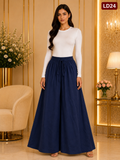 Elegant Navy Blue Drawstring Wide-Leg Skirt Palazzo Pants-LD24