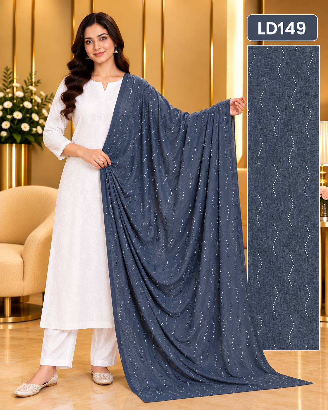 Premium Ladies Wave Stone Work Dupatta-LD149