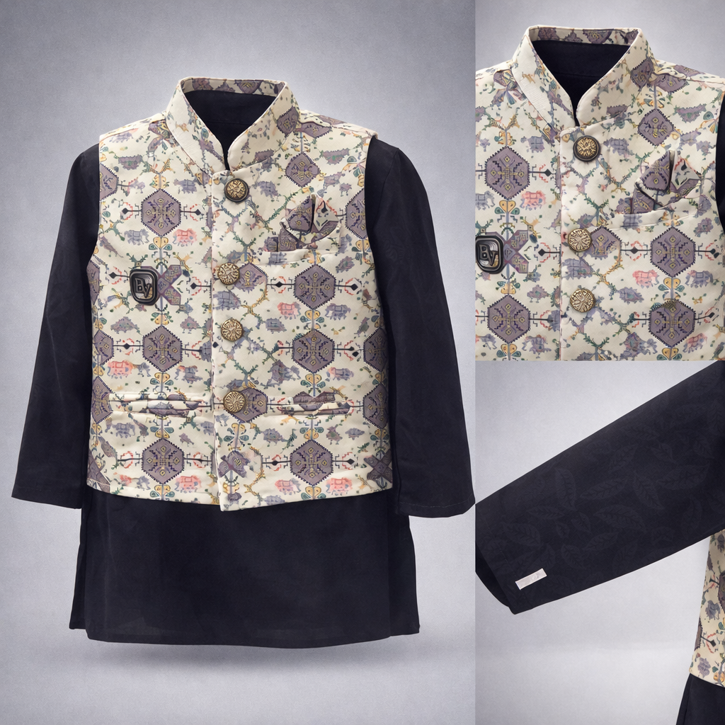 Kids Premium Printed Waistcoat Kurta Pajama Set  403