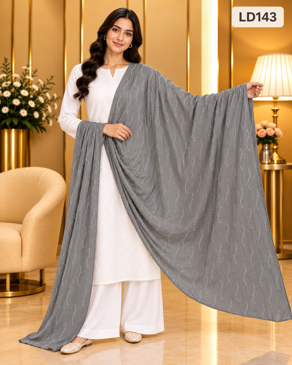 Premium Ladies Wave Stone Work Dupatta-LD143