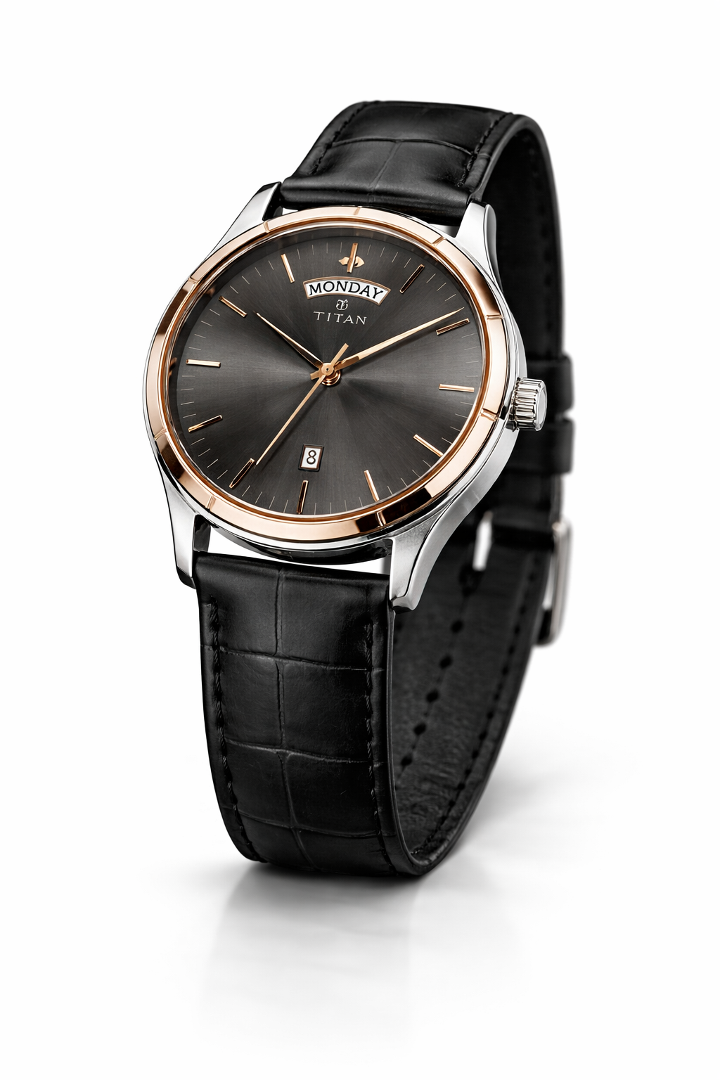 Elegant Titan Men's Day-Date Watch – Black Leather Strap 134