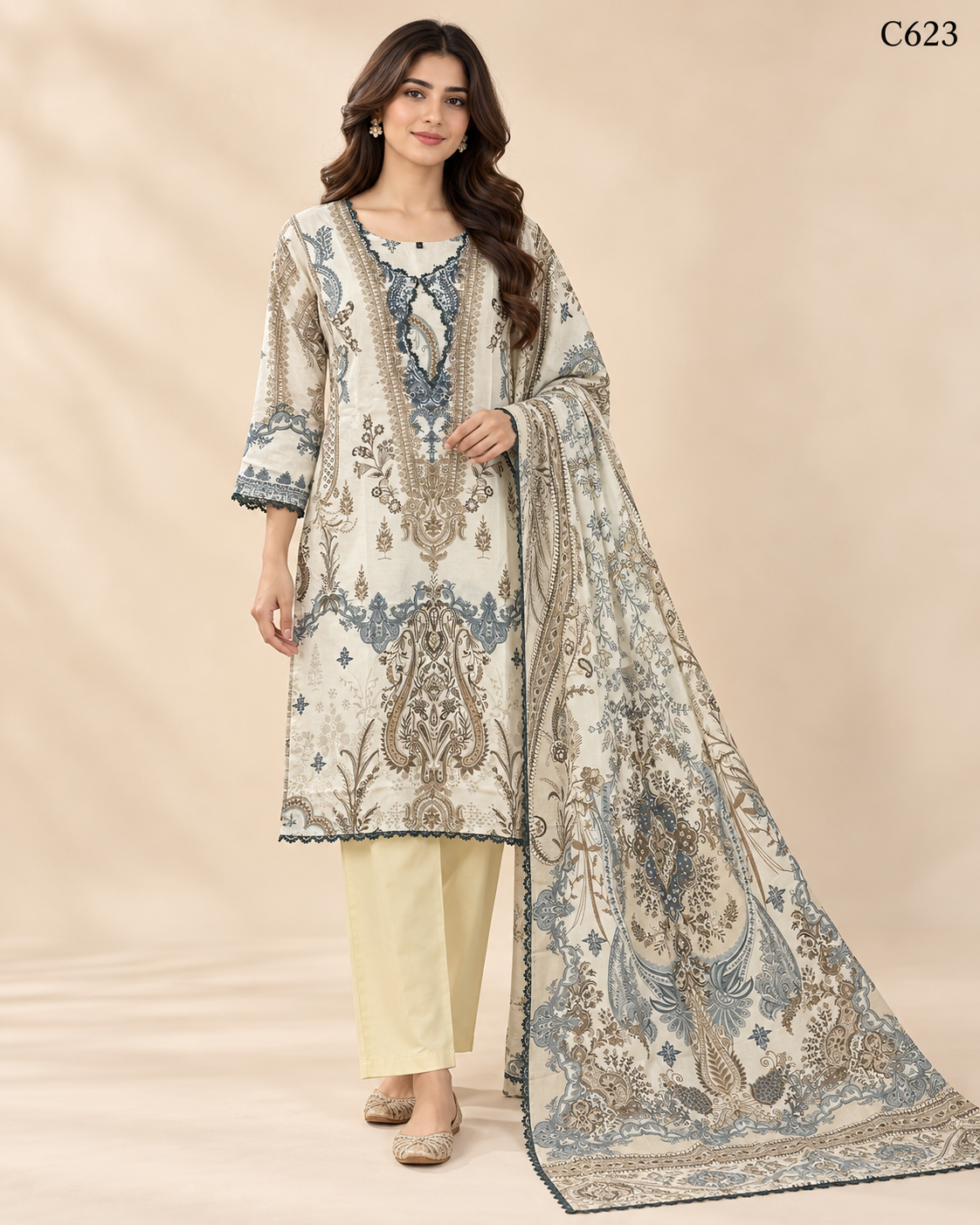 Luxury Ladies Floral & Ornamental Printed Stitched Three Piece - C623