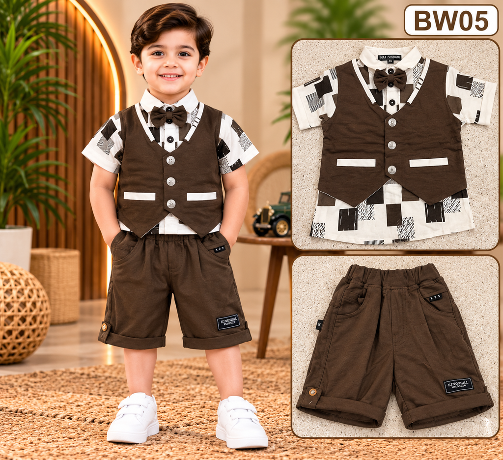 Premium Boys Bow Tie Waistcoat, Printed Shirt & Matching Shorts Set-BW05