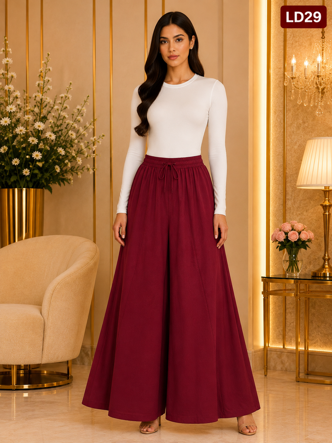 Elegant Burgundy Drawstring Wide-Leg Skirt Palazzo Pants-LD29