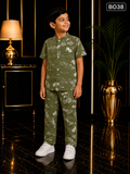 Boys’ Olive Green Scenic Print Mandarin Collar Shirt & Pant Set-BO38