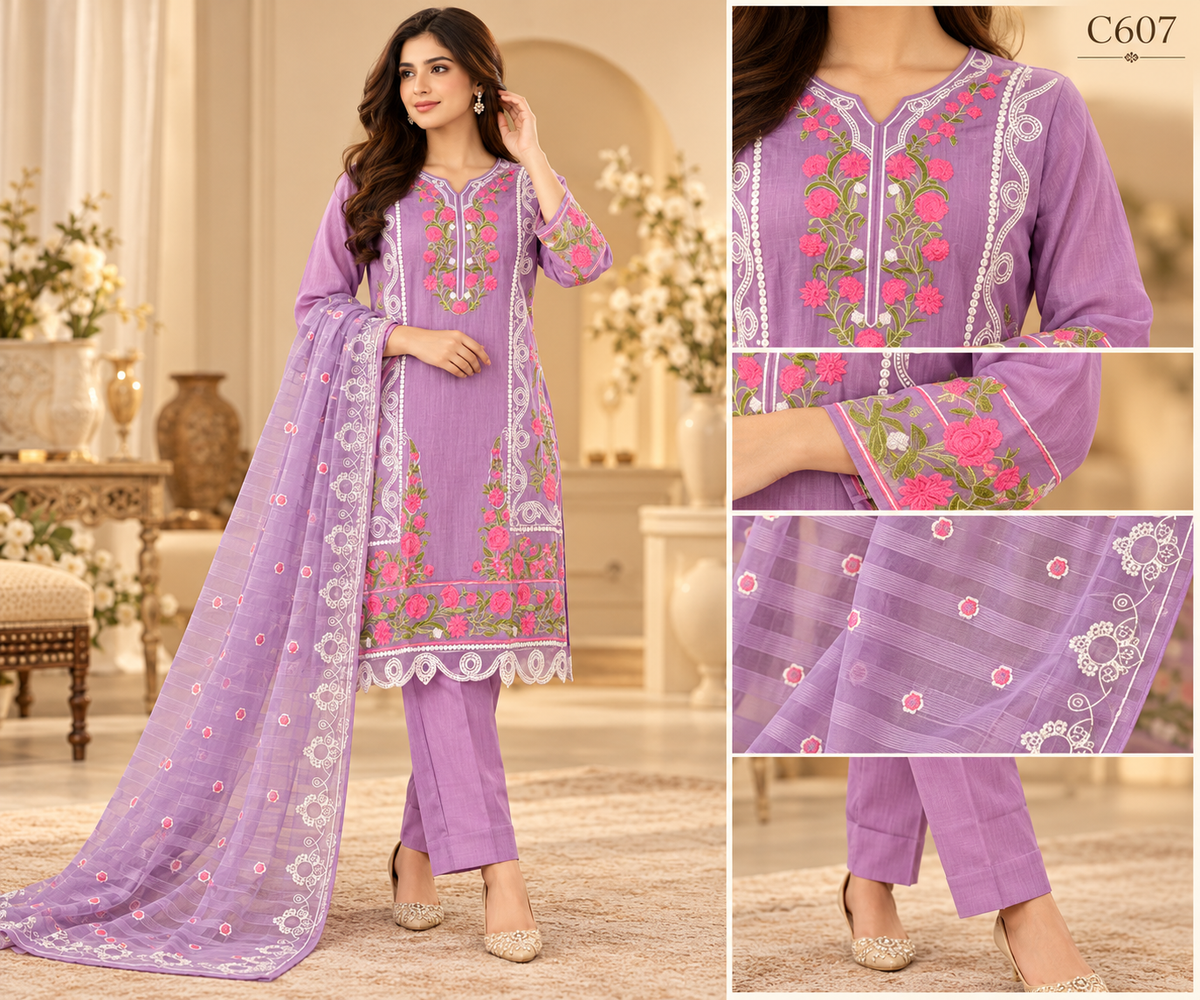 Premium Women’s Floral Embroidered Stitched Three Piece Set - C607