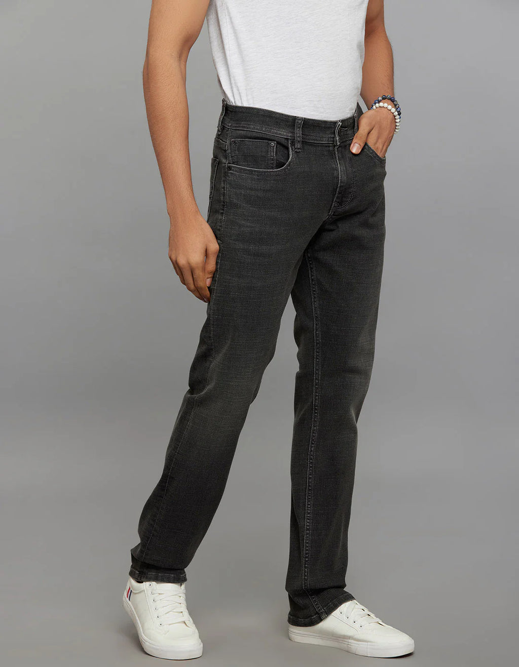 Grey 5 Pocket Mid-Rise Slim Straight Fit Classic Stretch Jeans RJ6416
