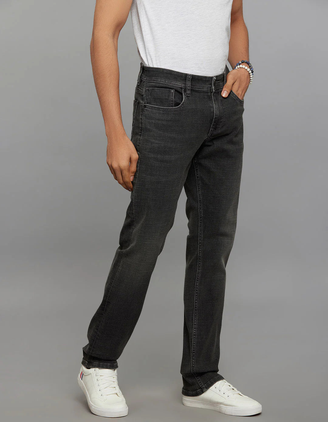 Grey 5 Pocket Mid-Rise Slim Straight Fit Classic Stretch Jeans RJ6416