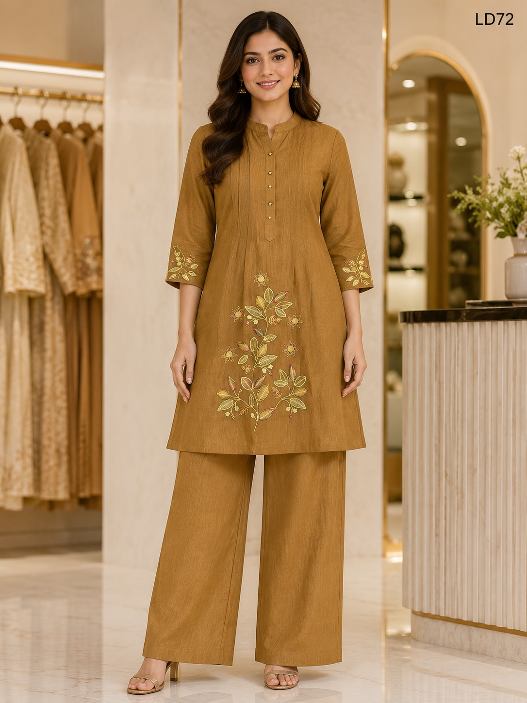 Mustard Brown Leaf Embroidered Two-Piece Set-LD72