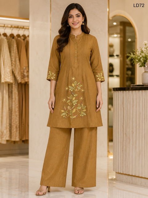 Mustard Brown Leaf Embroidered Two-Piece Set-LD72