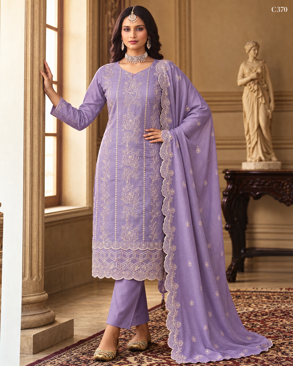 Premium Floral Embroidered Three Piece Set with Scalloped Dupatta – C370