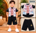 Premium Boys Mandarin Collar Printed Waistcoat, Shirt & Black Shorts Set-BW06