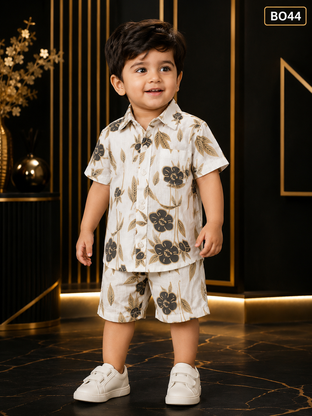 Boys’ Ivory Floral Leaf Print Shirt & Shorts Set-BO44