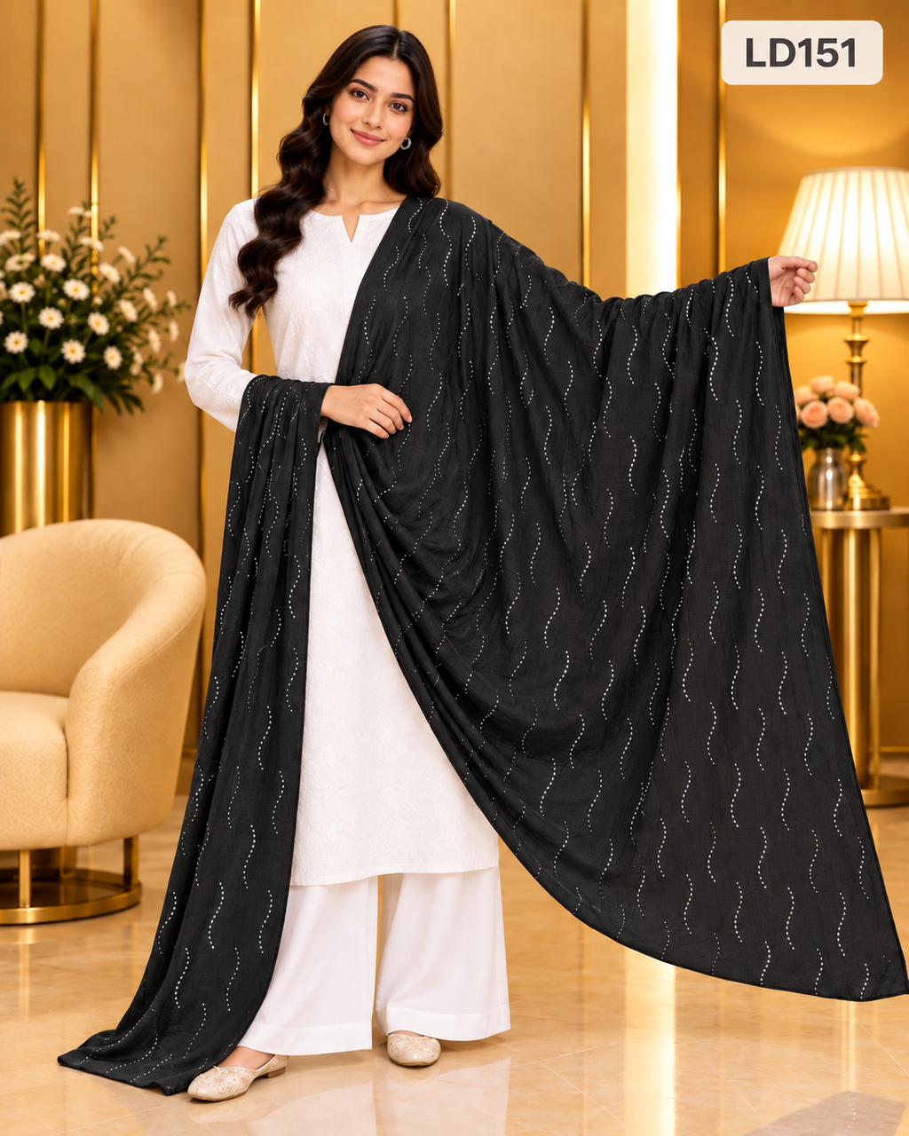 Premium Ladies Wave Stone Work Dupatta-LD151