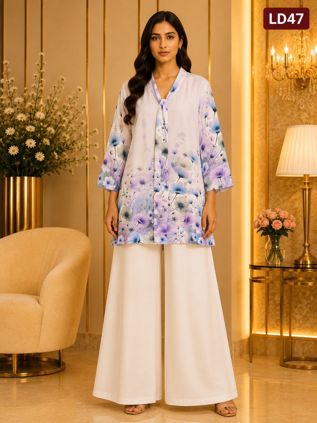 Lilac Floral Tie Neck Linen Top-LD47