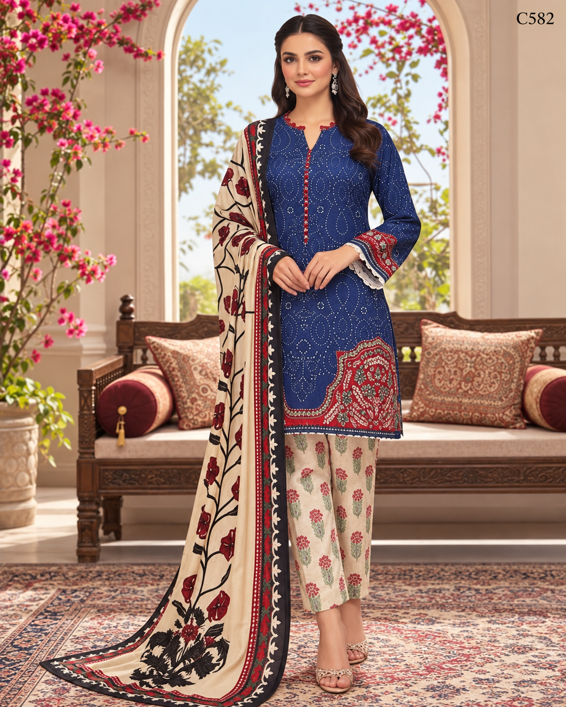 Premium Women's Navy Blue & Cream Floral Printed Three Piece Set – C582