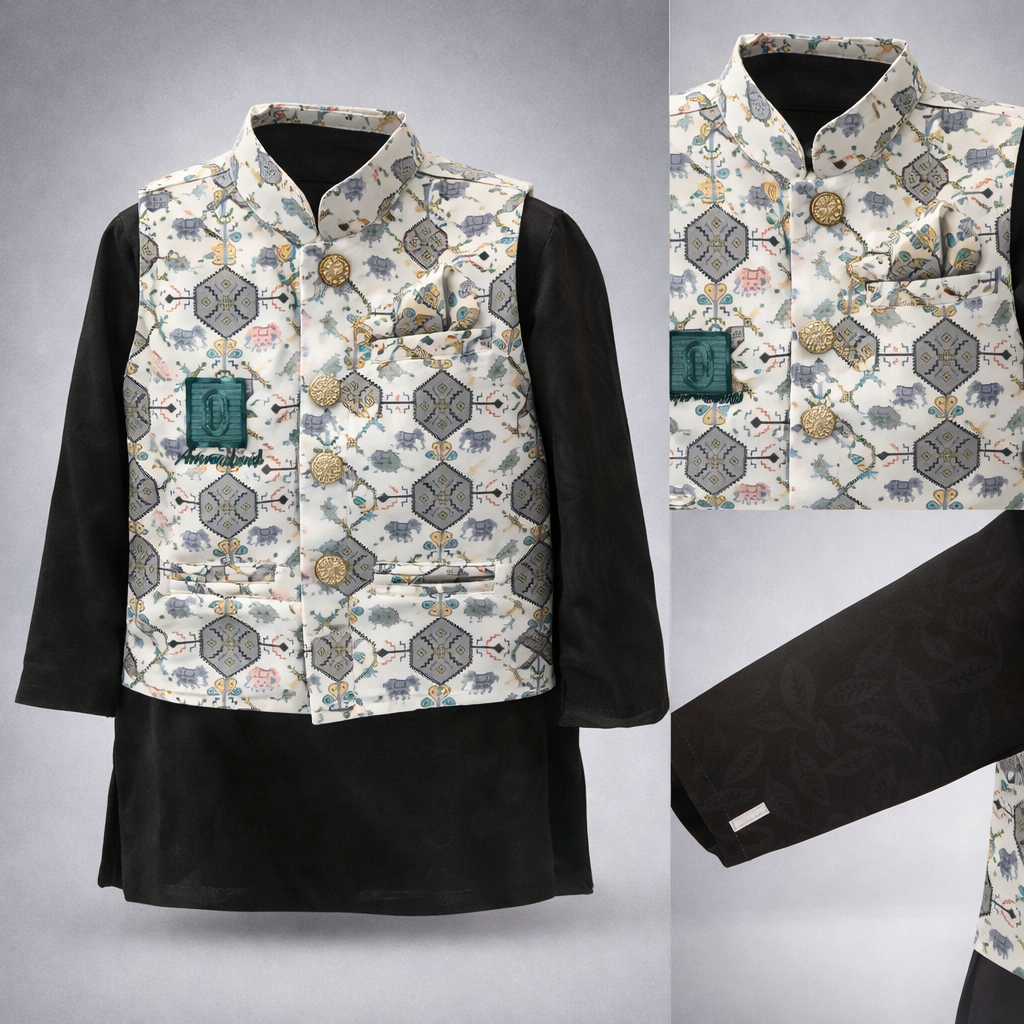 Kids Premium Printed Waistcoat Kurta Pajama Set  403