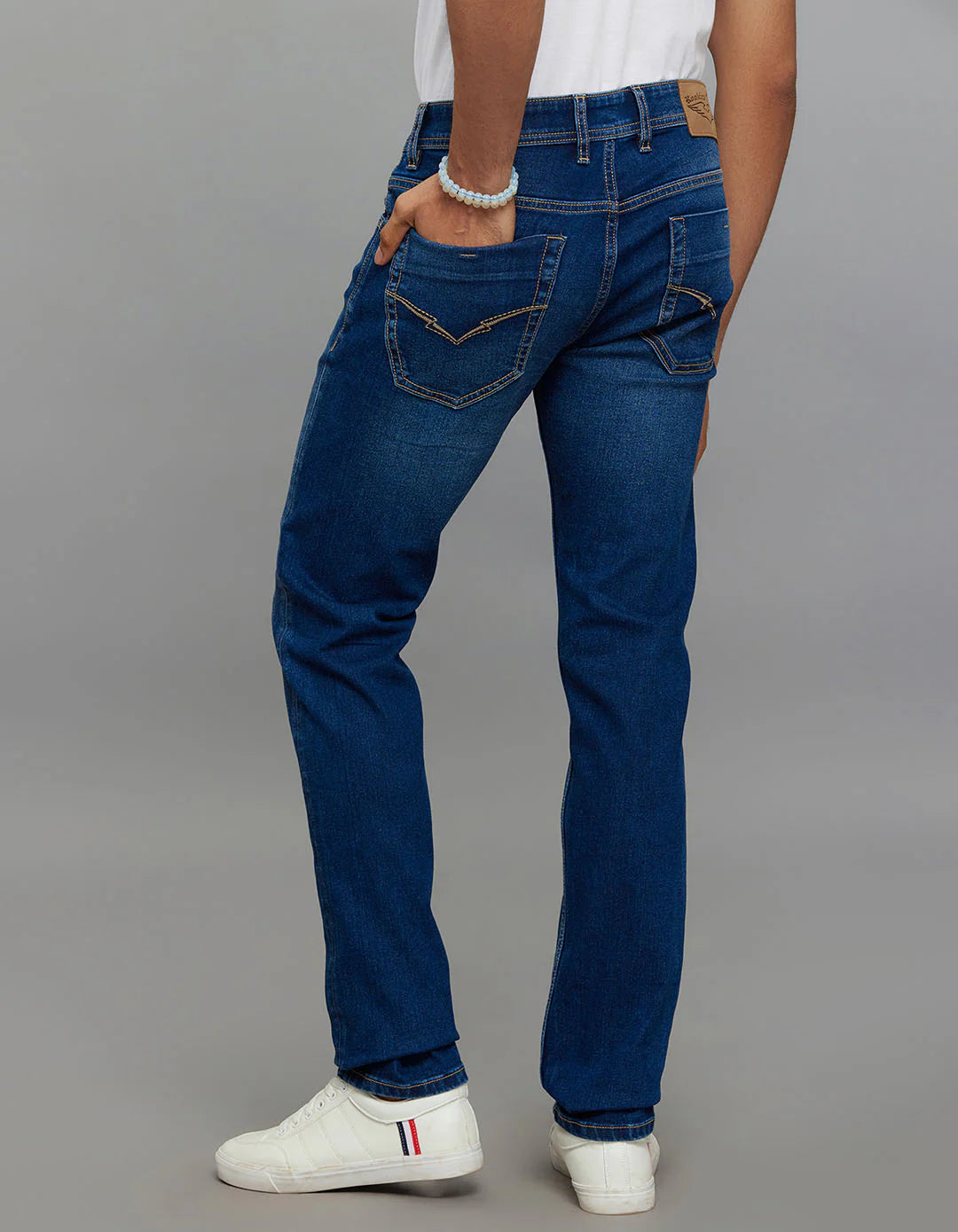 Medium Blue 5 Pocket Mid-Rise Slim Straight Fit Classic Stretch Jeans RJ6238