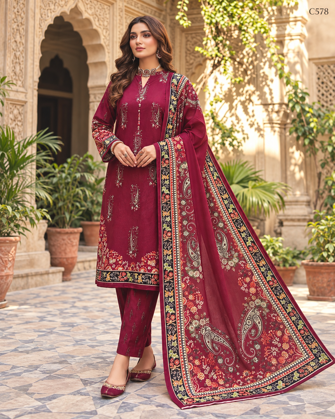 Premium Women's Maroon Paisley Printed Three Piece Set – C578