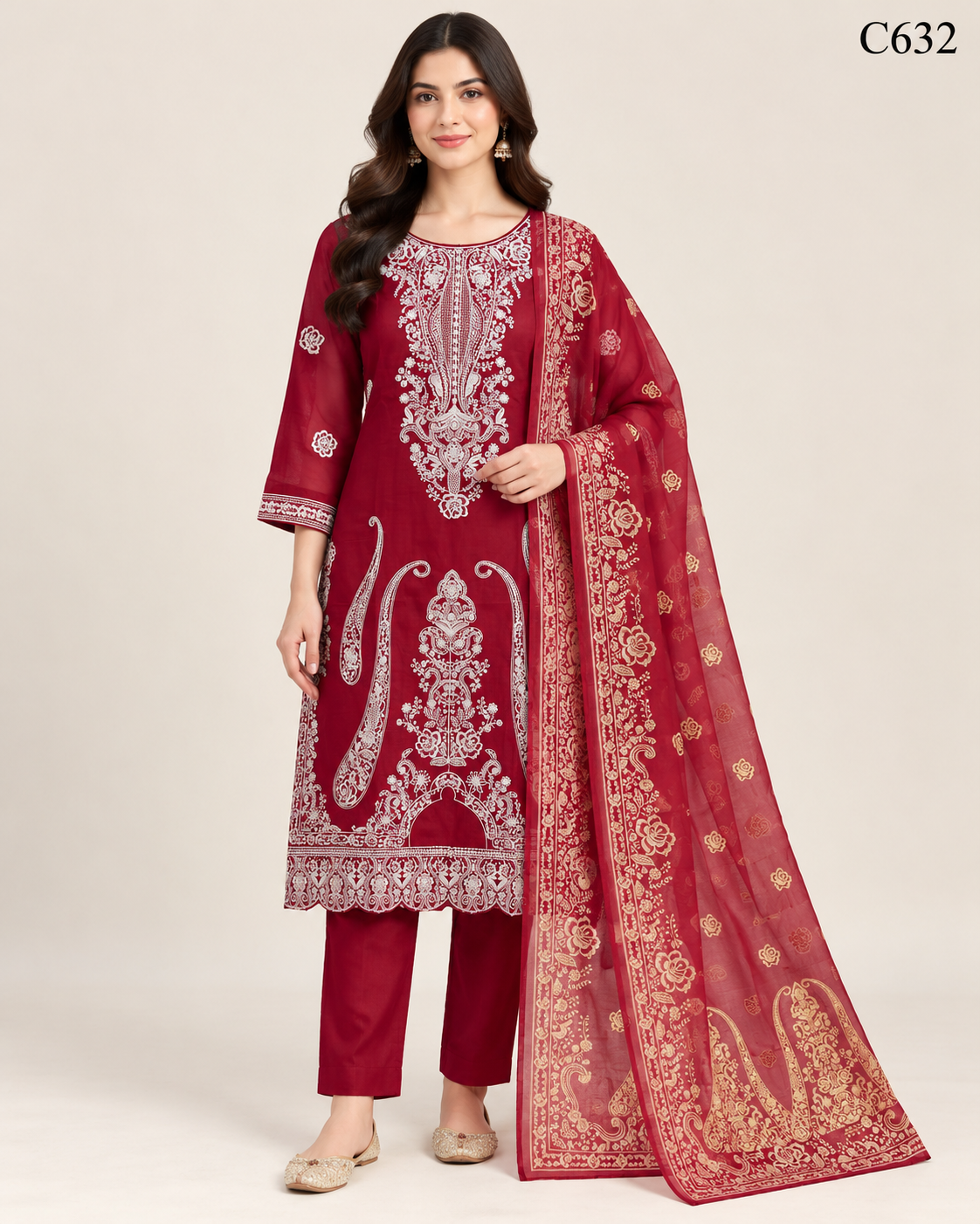 Luxury Women's Embroidered Stitched Three Piece - C632