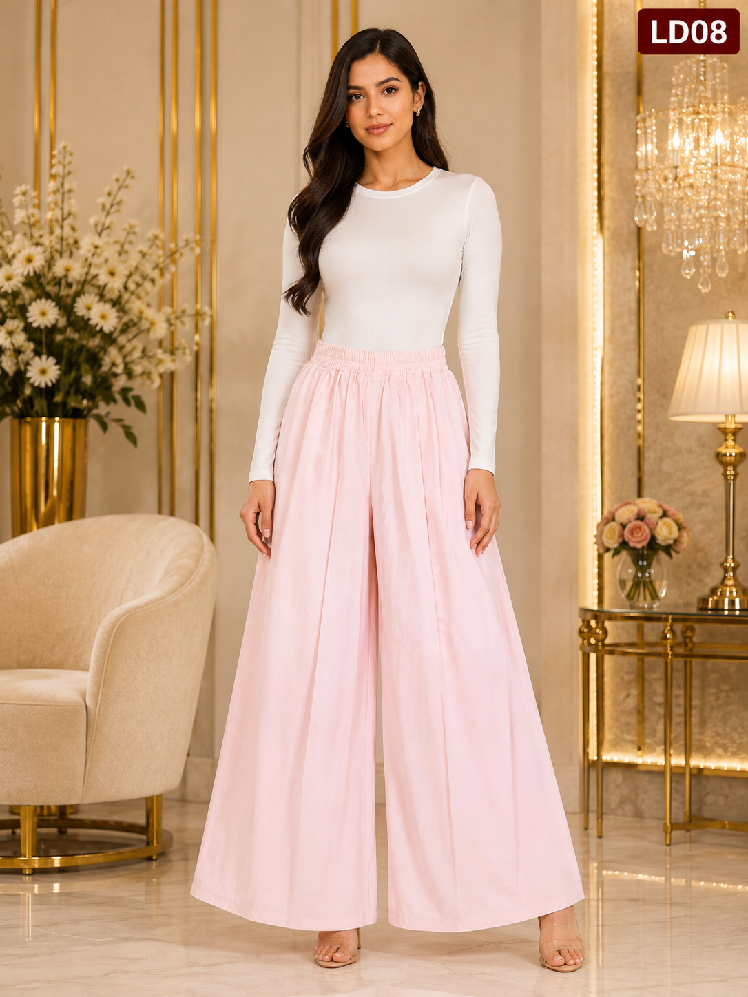 Luxury Baby Pink Wide-Leg Palazzo Pants-LD08