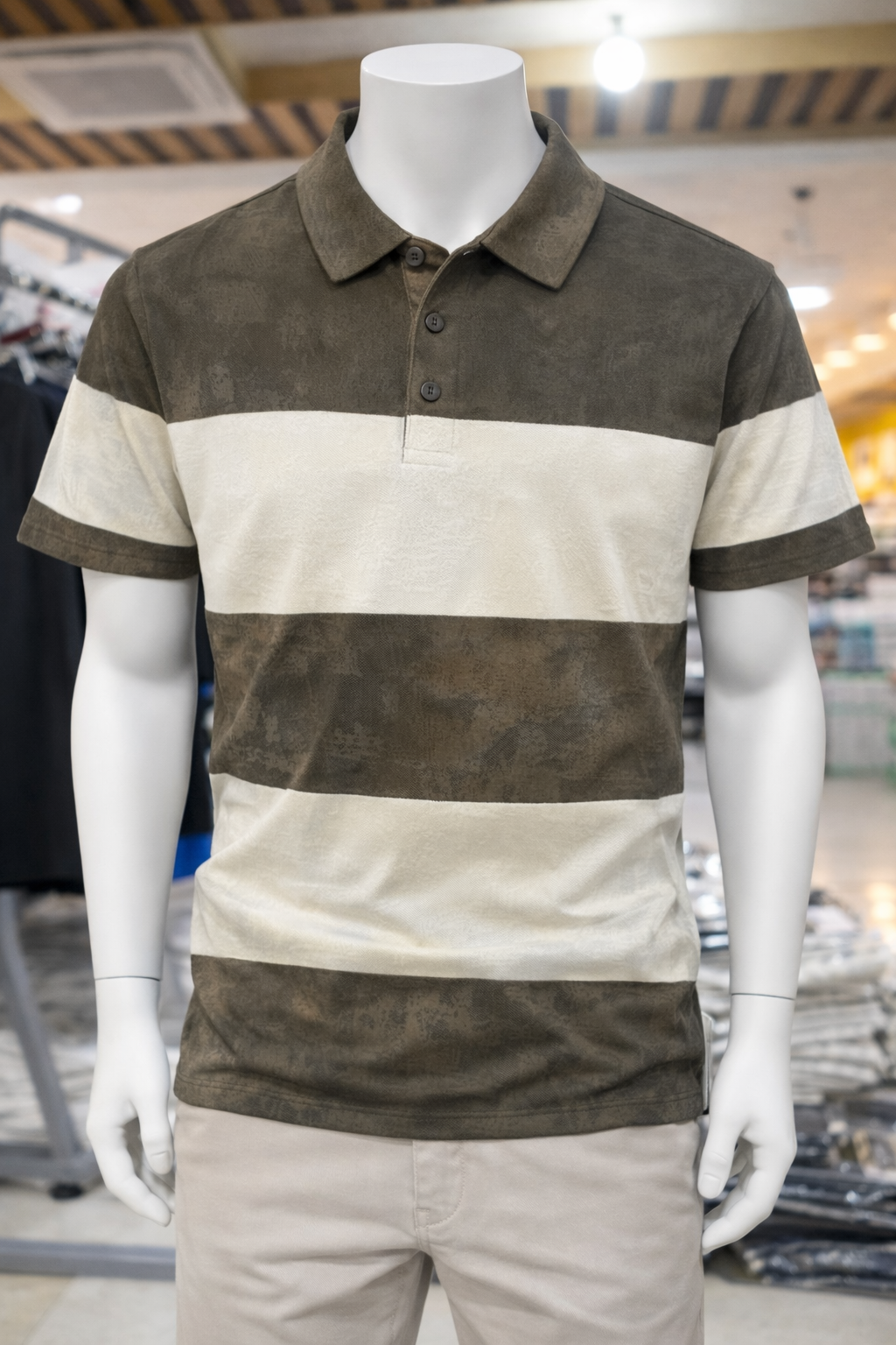 Men's Premium White Coffee Textured Stripe Polo T-Shirt 088