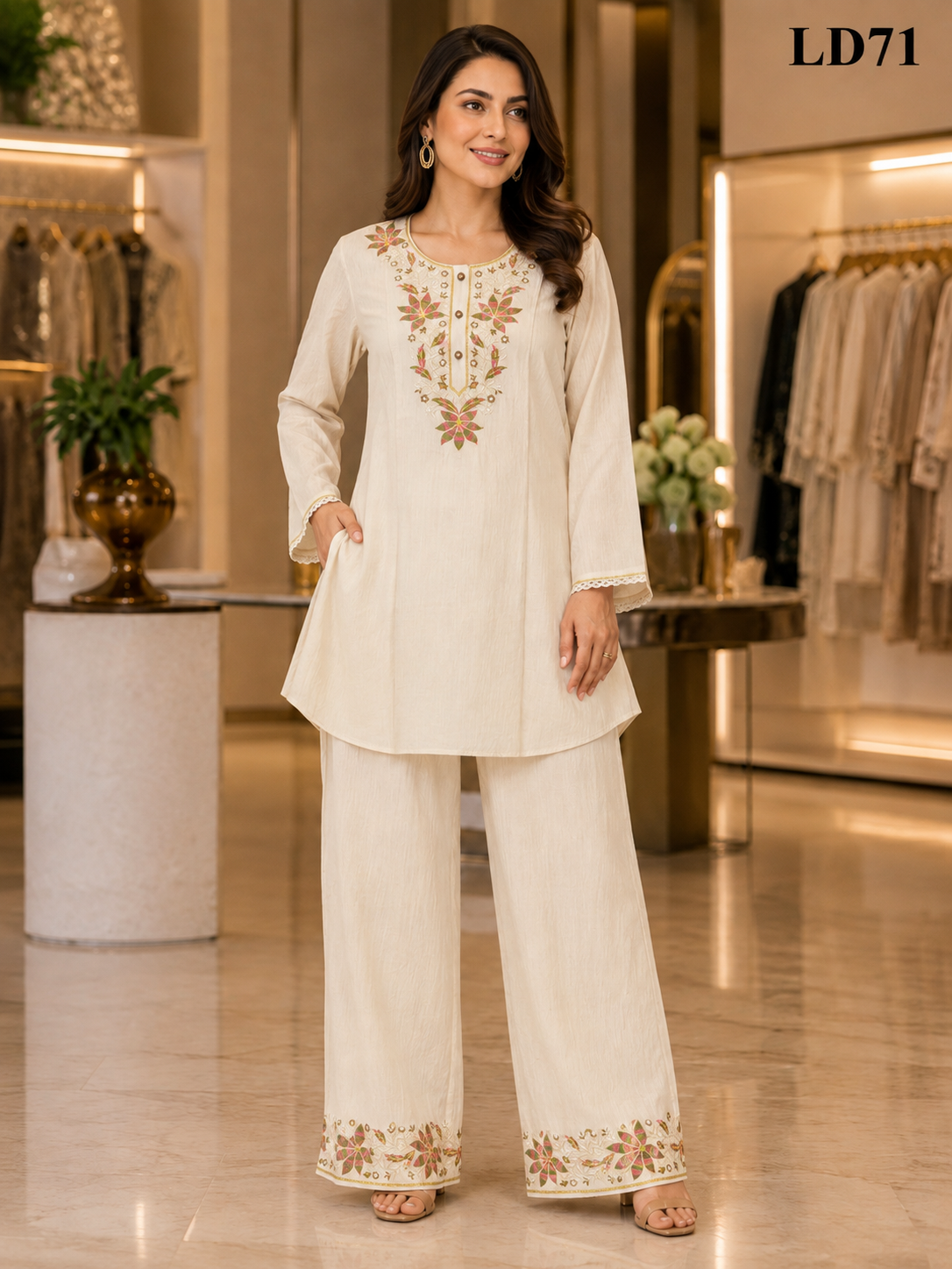 Ivory Leaf Floral Embroidered PachFul Two-Piece Set-LD71