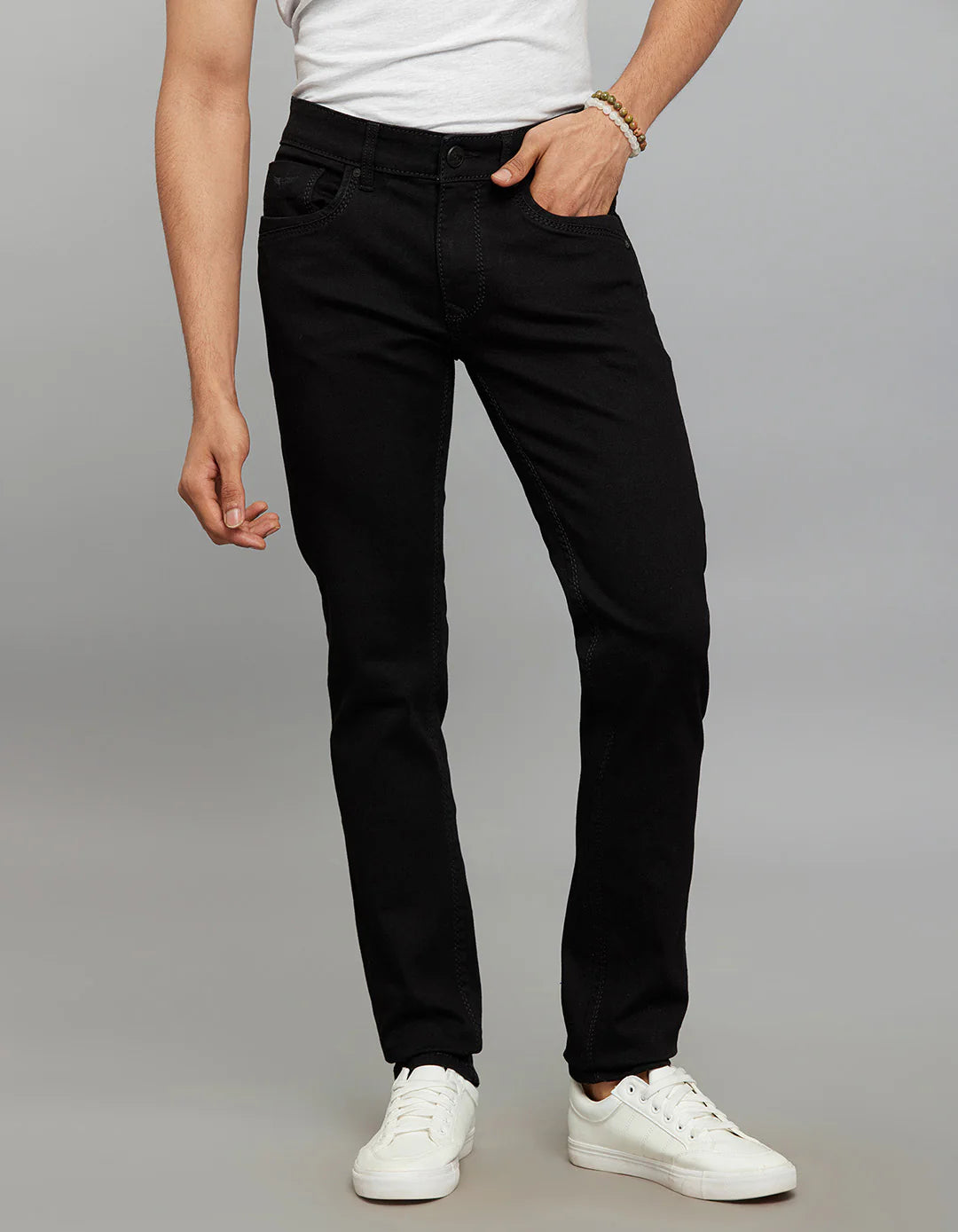 Black 5 Pocket Mid-Rise Slim Straight Fit Stretch Jeans RJ6309