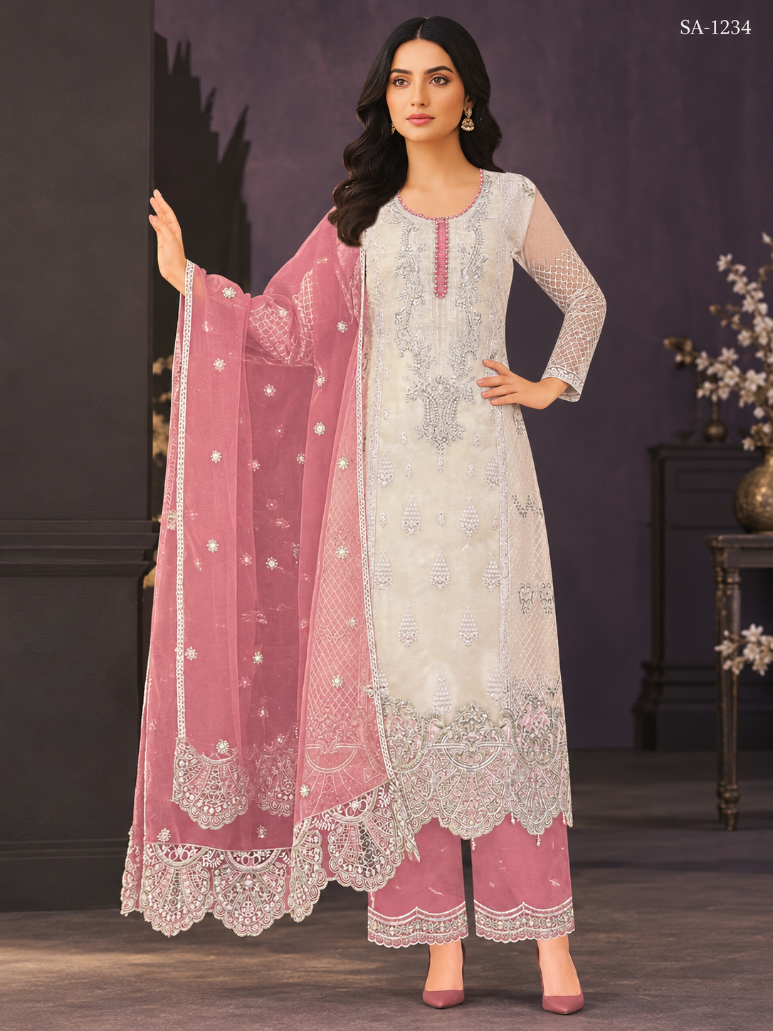 Premium Embroidered Three Piece Set with Elegant Lace Detailing – C340