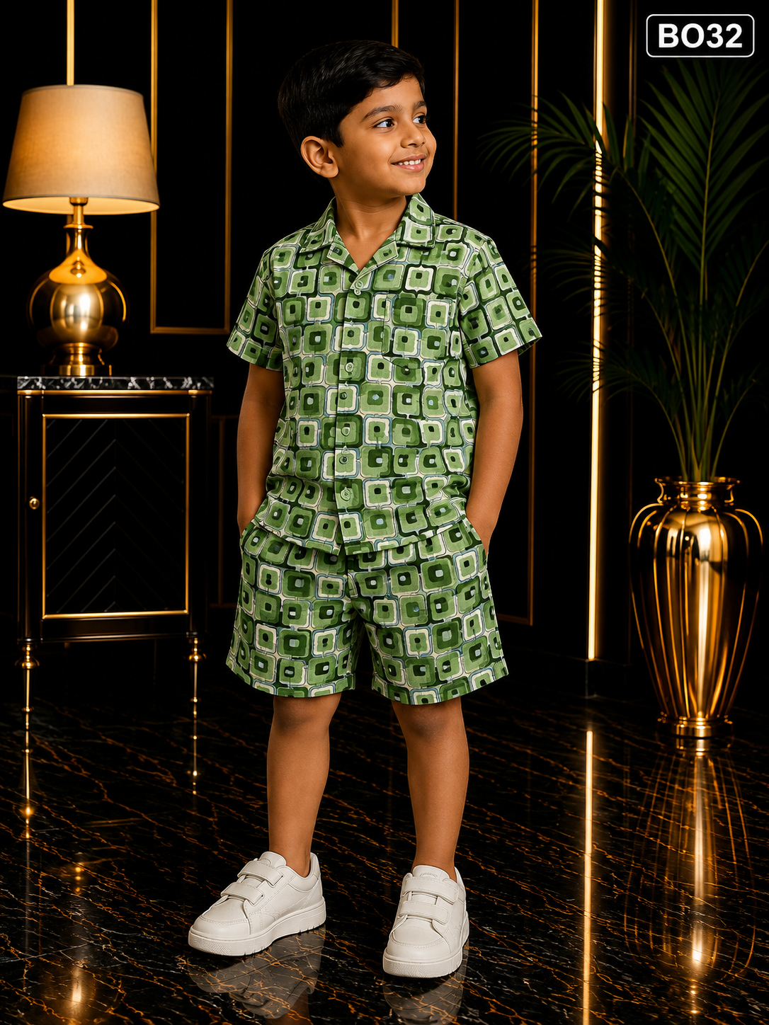 Boys Geometric Print Shirt & Shorts Set-BO32