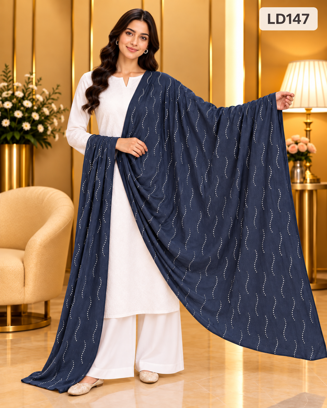 Premium Ladies Wave Stone Work Dupatta-LD147