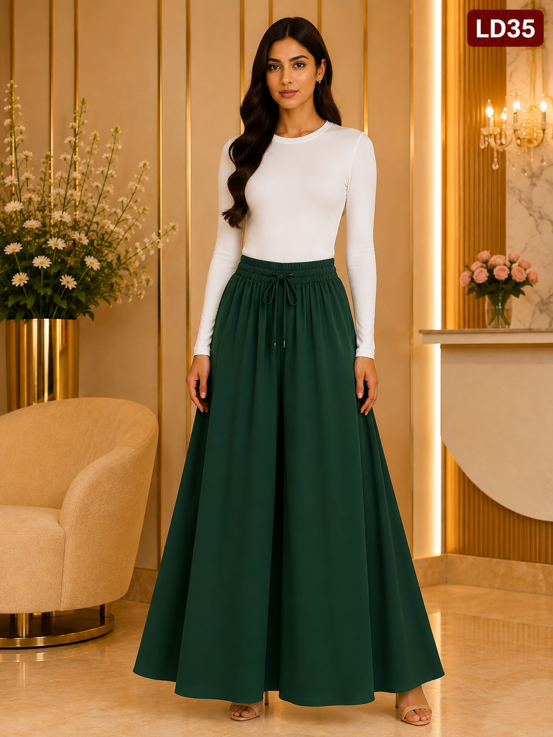 Elegant Deep Forest Green Drawstring Wide-Leg Skirt Palazzo Pants-LD35