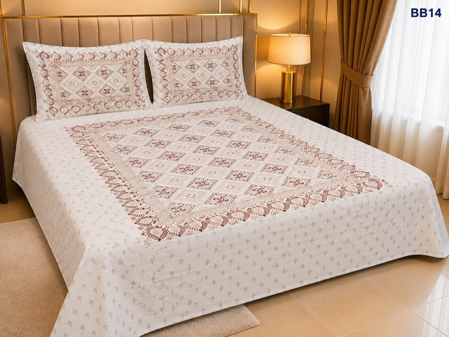 Luxury Beige Rose Geometric Block Bedsheet-BB14