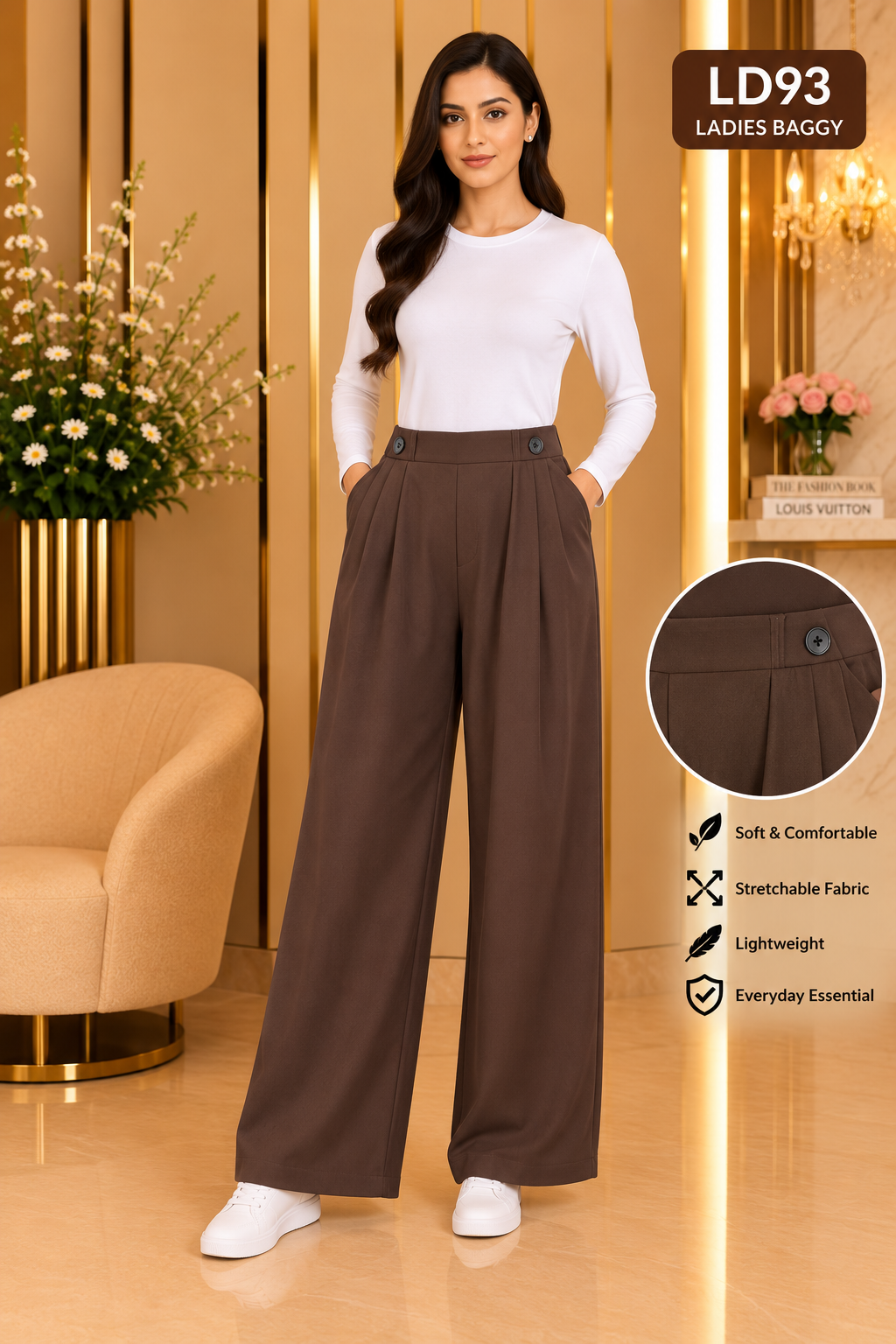 Premium Ladies Baggy Wide-Leg Pants LD93 — Chocolate Brown