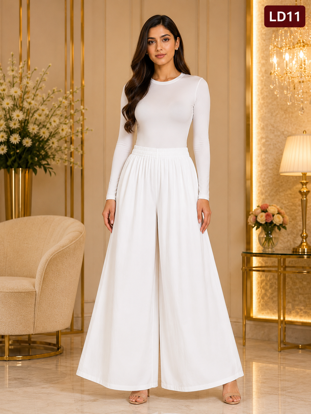 Luxury White Wide-Leg Palazzo Pants-LD11