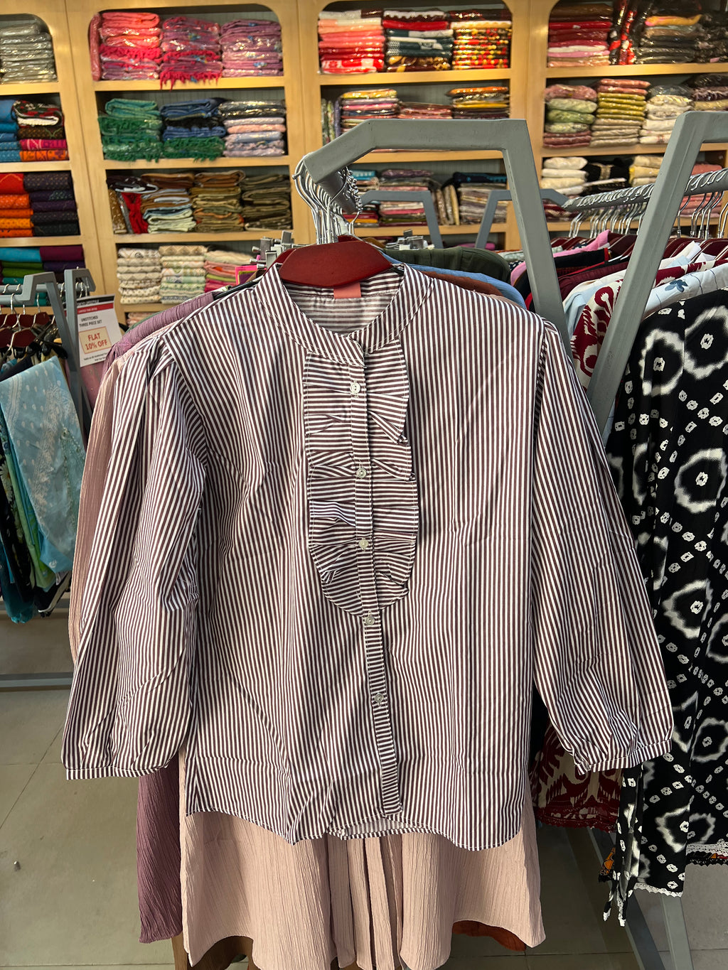 Premium Ladies Striped Ruffle Tops LD98 — Chocolate Brown & White Stripe