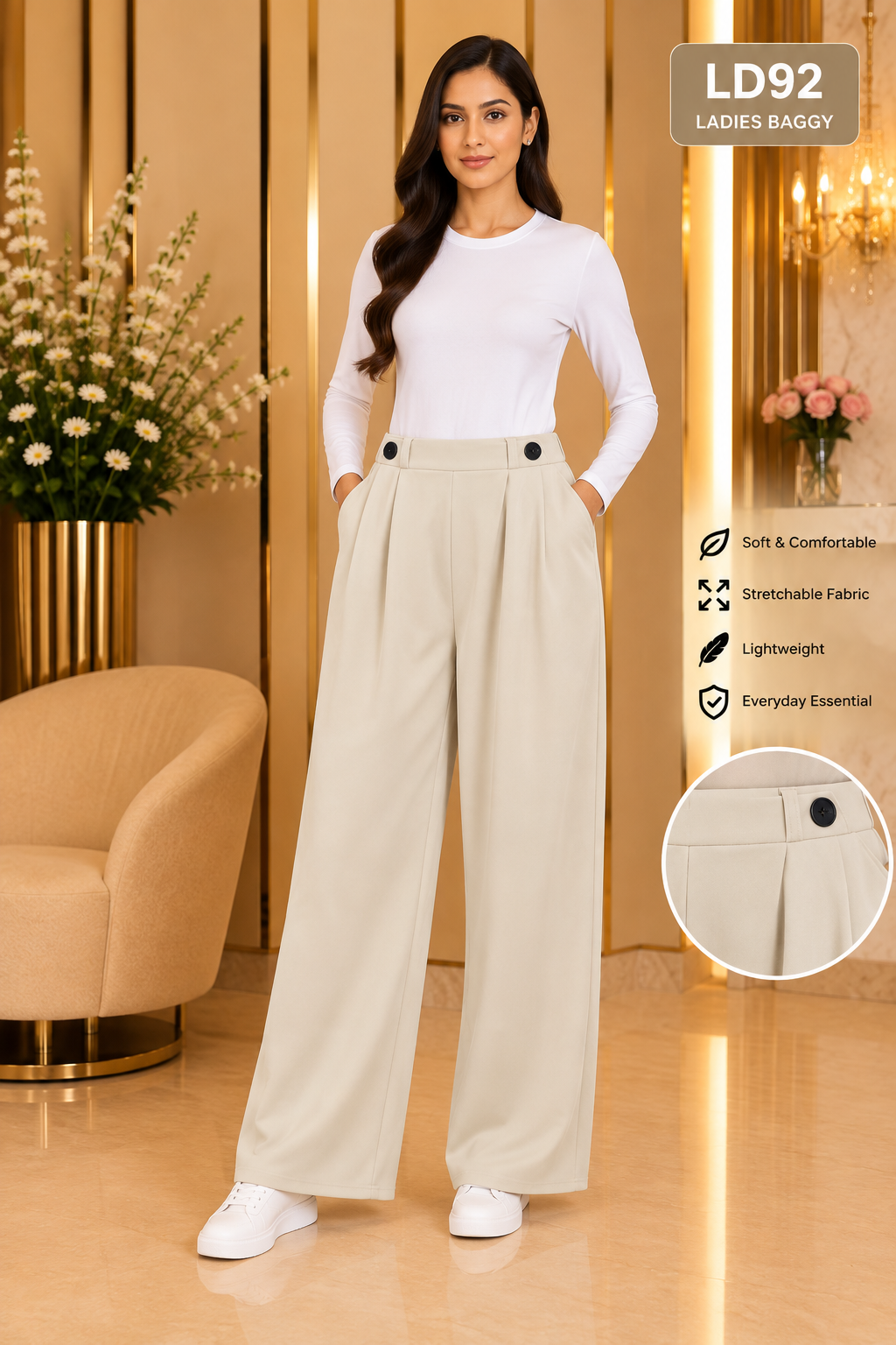 Premium Ladies Baggy Wide-Leg Pants LD92 — Ivory Cream