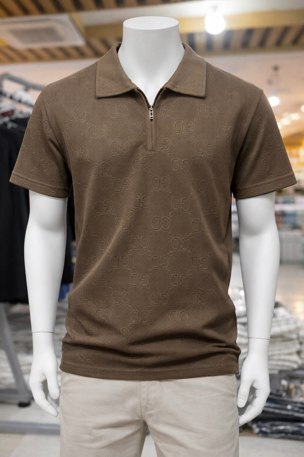 Men's Premium Coffee Textured Zip Polo T-Shirt 556