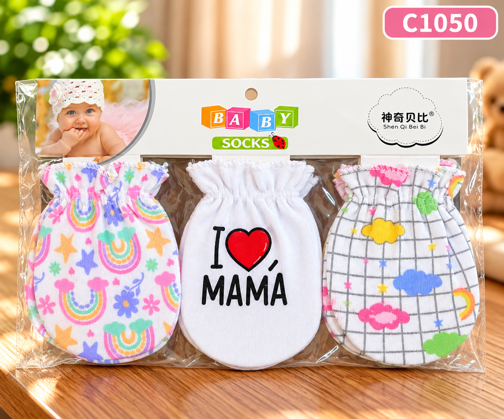 Premium Newborn Baby Mittens – 3 Pairs Printed Set | C1050