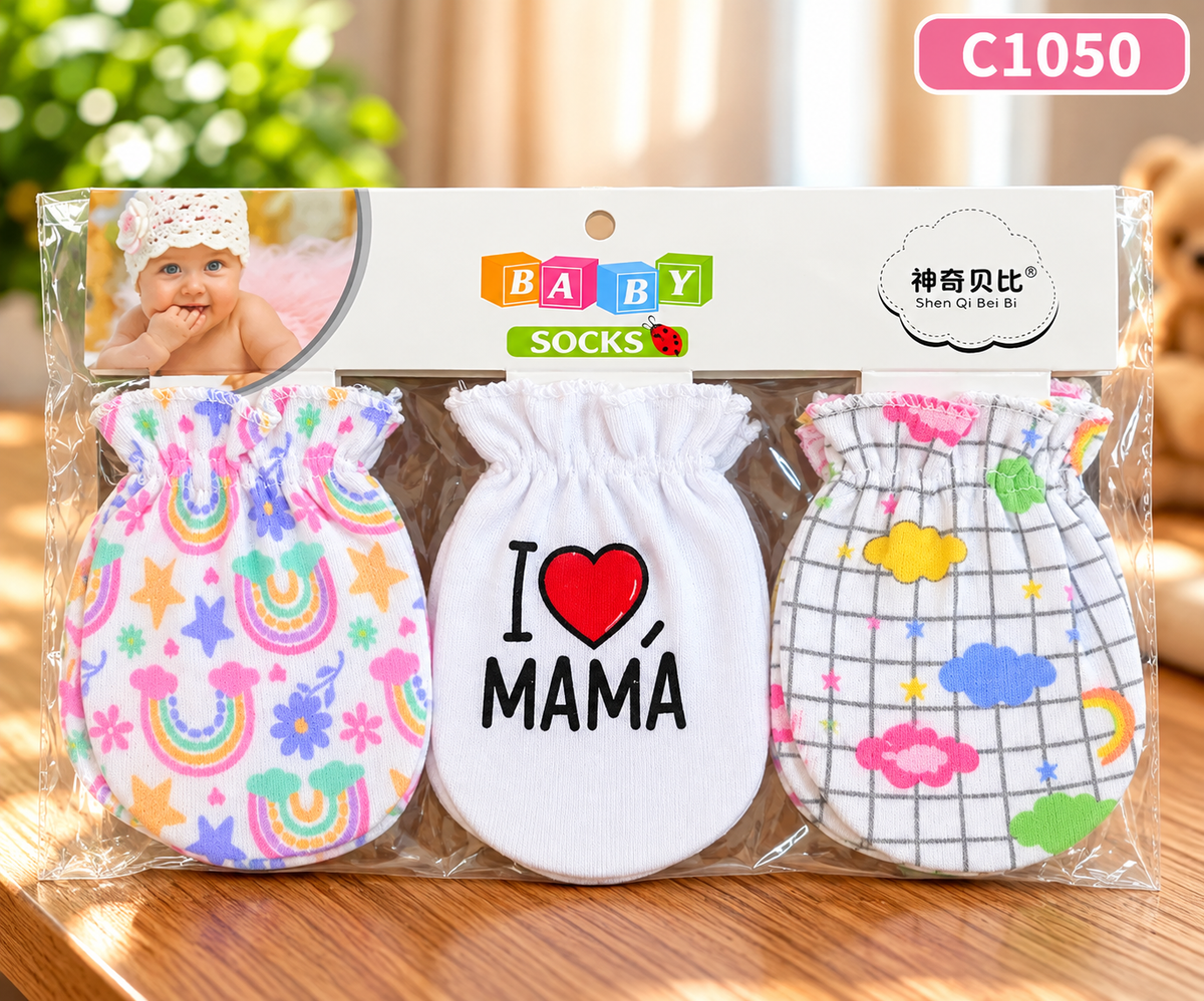 Premium Newborn Baby Mittens – 3 Pairs Printed Set | C1050