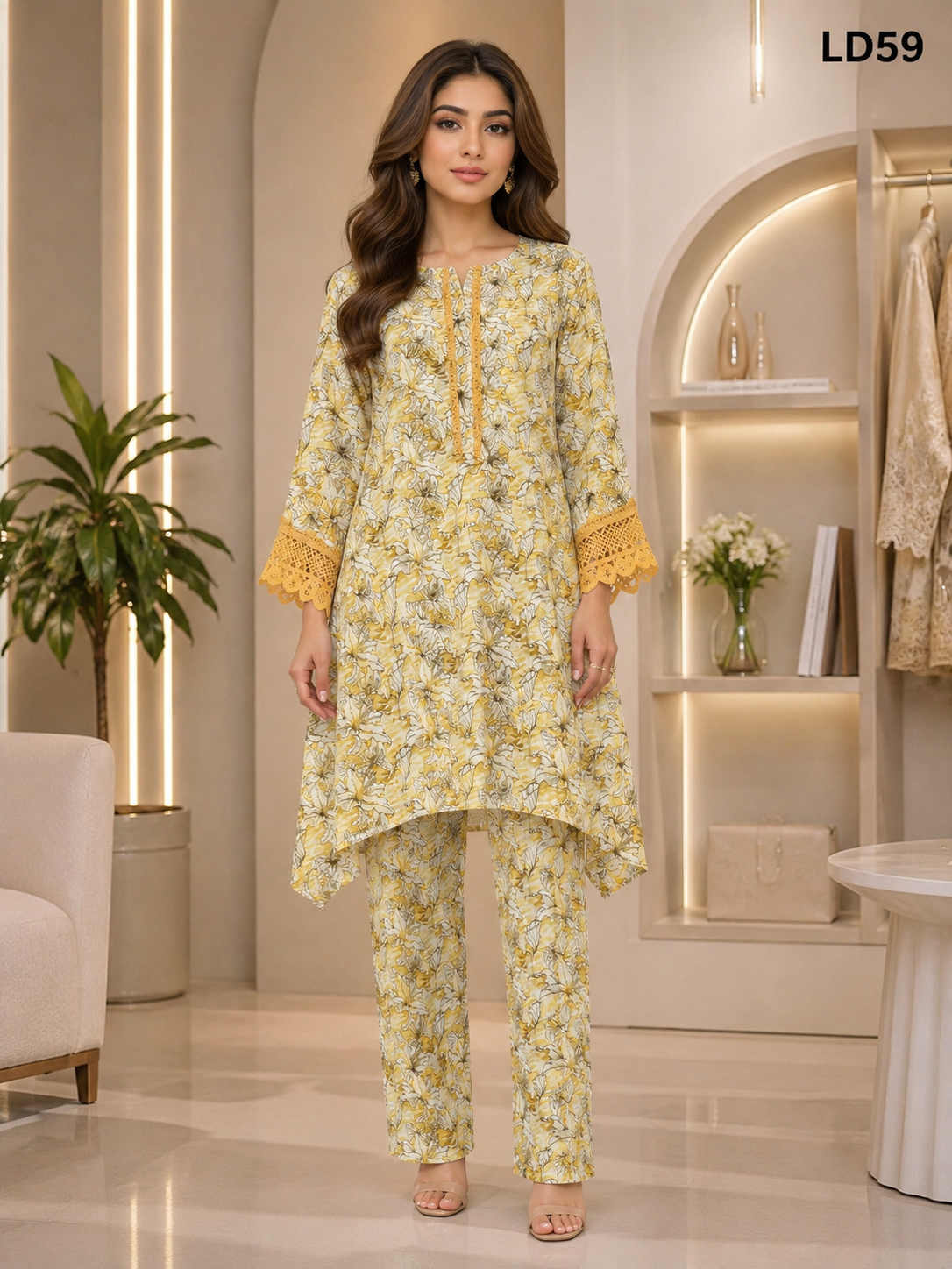Mustard Floral Lace Sleeve Fish Cut Two-Piece Set-LD59