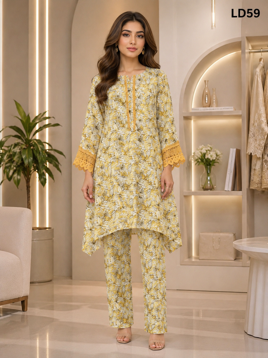 Mustard Floral Lace Sleeve Fish Cut Two-Piece Set-LD59