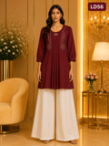 Maroon Embroidered Pleated Linen One Point Top-LD56